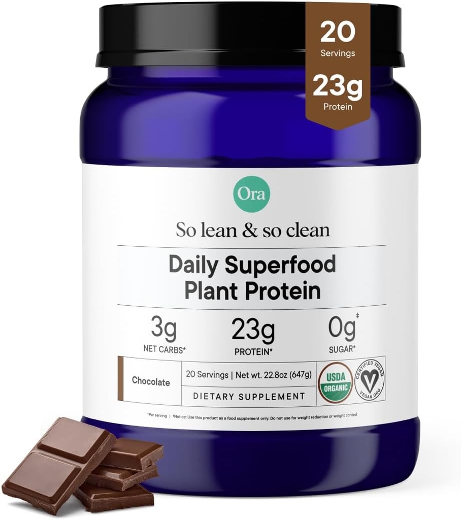 Ora Organic Vegan Protein Powder - 23g Plant Protein för kvinnor och män - Choklad smak 20 portioner, Bloat-Free, Gluten Free, Non-GMO, No Artificial Sweeteners