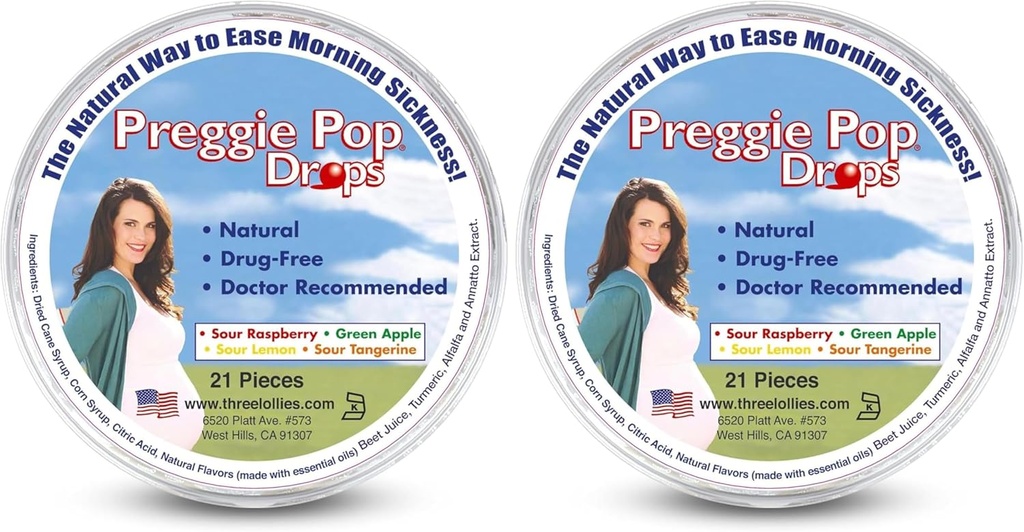 Ba chiếc Lollies Preggie Pop Drops - 21 giọt thuốc giảm đau vào giai đoạn mẹ mang thai và em bé mang thai - Gluten Free - Bốn Flavors: chanh, Raspberry, Green Apple, Tanerine (Pack of 2)