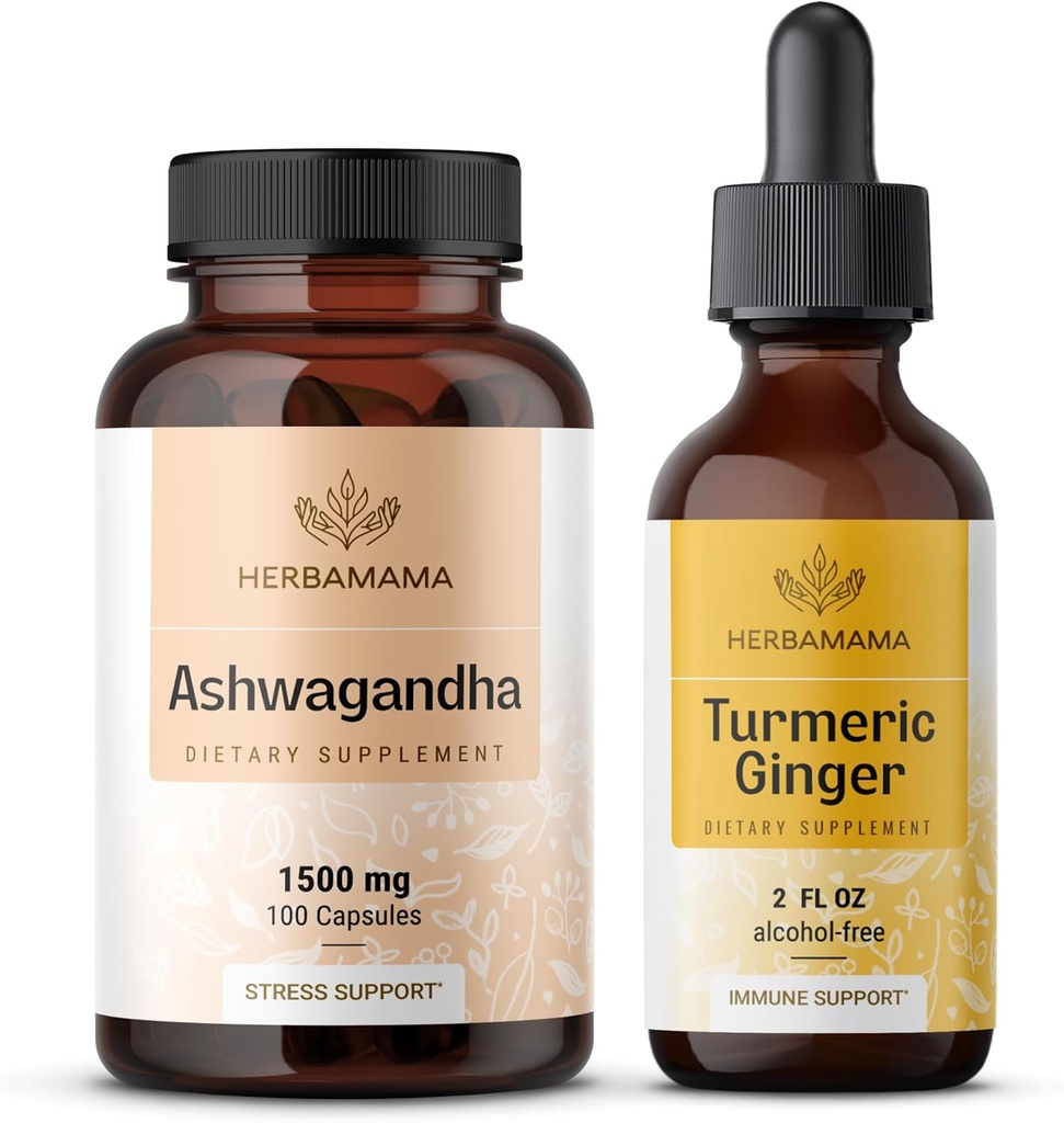 HERBAMAMA Ashwagandha un Turmeric Ginger Kit - 1500 mg Ashwagandha Root Kapsulas un Turmeric Ginger Tincture 2 fl oz - Vegan, non-GMO, Cukurs un bez alkohola - 2 iepakojumi