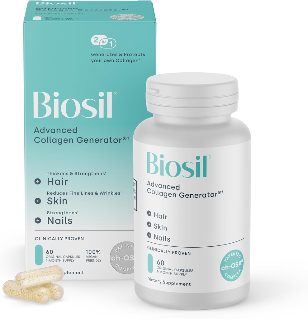 Biosil Collagen 助推剂补充剂 - 60 原型 Capsules - 专利 ch-OSA 活性剂用于皮肤,头发,钉子和联合体 - 支持自然生产 - 30日供应