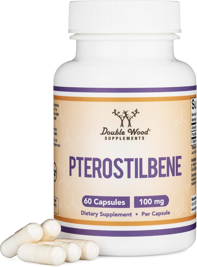 Pterostilbene Supplement 100mg Capsules (Third Party Tested) 60 Capsules, Longevity Support (Non-GMO, Gluten Pulsuz) Double Wood