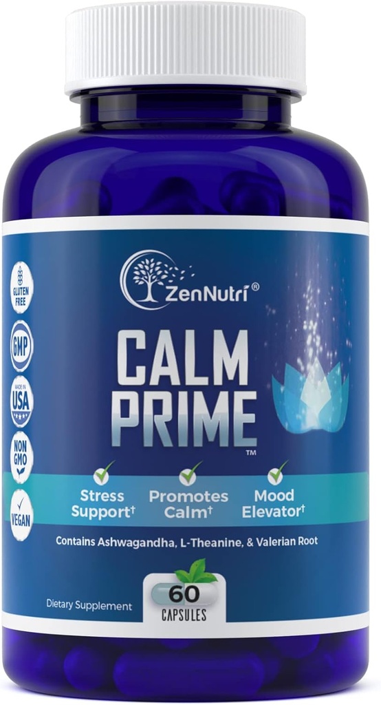 Calm Prime Stress Relief תוסף non-Drowsy | Mood Support Supplement | Mood Boost | טבעוני יום מתח תוספת תוספי Calm Aid | ויטמין מתח - אשוגנדה, ולריאן Root - 60 Count Count