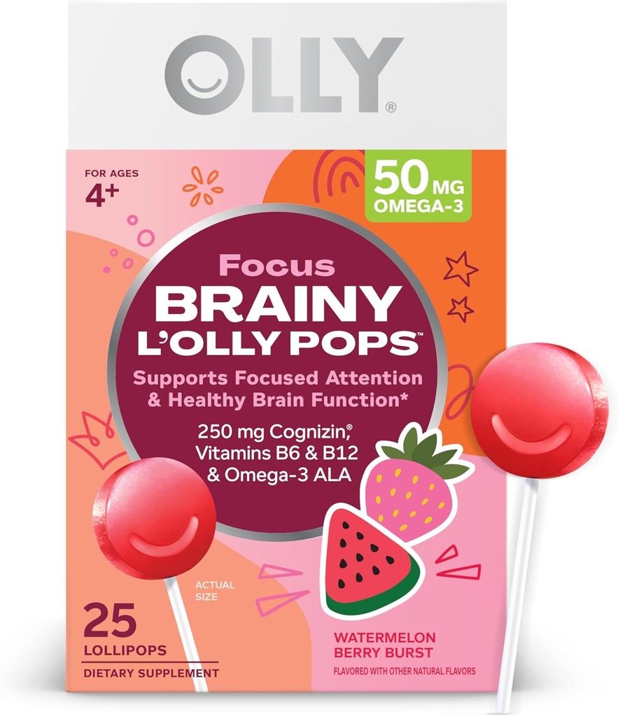 OLLY Focus Buddies L'OLLY Pops, Kazaklar, Vitaminlər B6 və B12, Omega-3 ALA, Supports Focused məlumat və sağlam beyin funksiyası, * Uşaqlar ekspert, Sumelon Strawberry Flavored, 25 Count