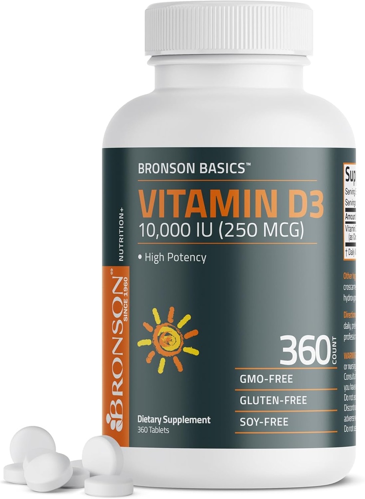 Bronson Vitamín D3 10 000iu (250 μg) 1 Rok Napájanie pre zdravé svalovej funkcie a imunitnej podpory, non- GMO, 360 tabliet