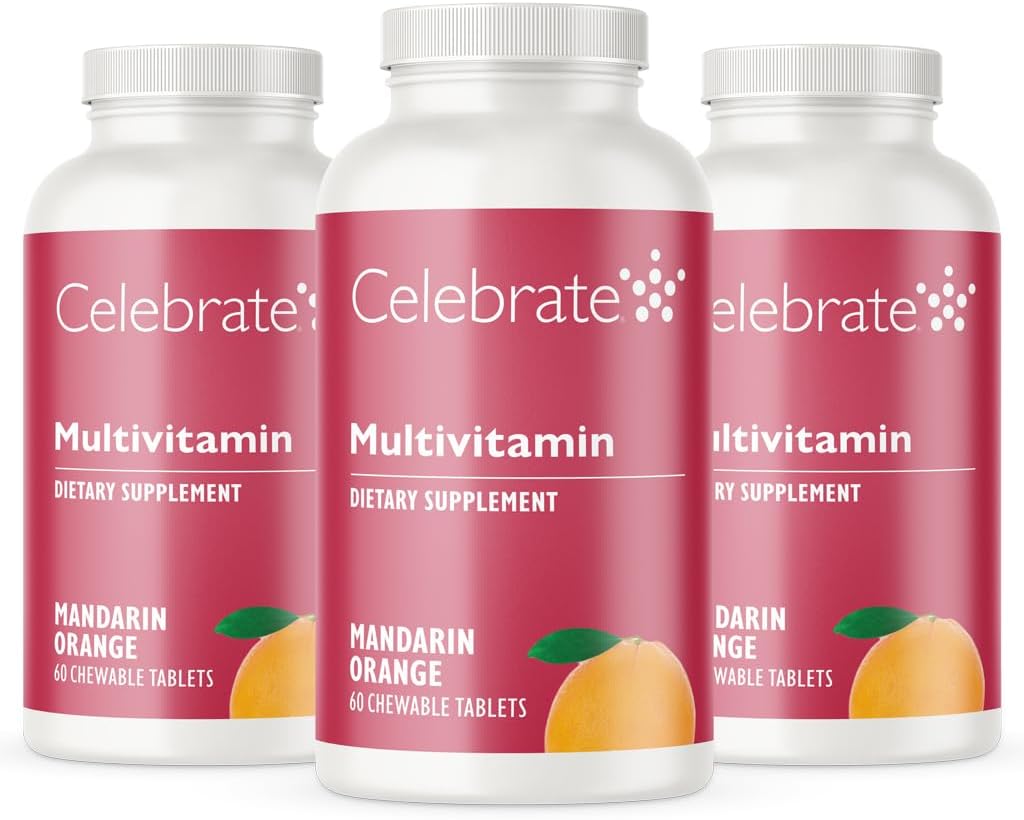 Celebrate Vitaminai Bariatic Multivitamine Chewable, Iron Free - Post Gastric Bypass & Sleeve Gastrectomy Priedas vyrams ir moterims - Eteriniai mineralai ir vitaminas A, B, D & E - Oranžinė (180 tablečių)