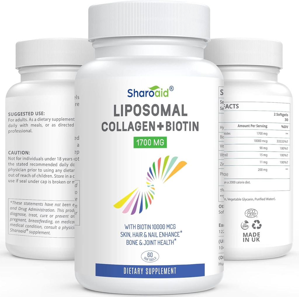 Lipossômico hidrolisado Colágeno Peptídeos 1700mg e Biotina 10000mcg Suplementos para Mulheres, Homens, Alta Absorção,Vitamina E,C e Zinco Cápsulas para Pele,Crescimento do cabelo,Juntos e unhas,60 Softgels
