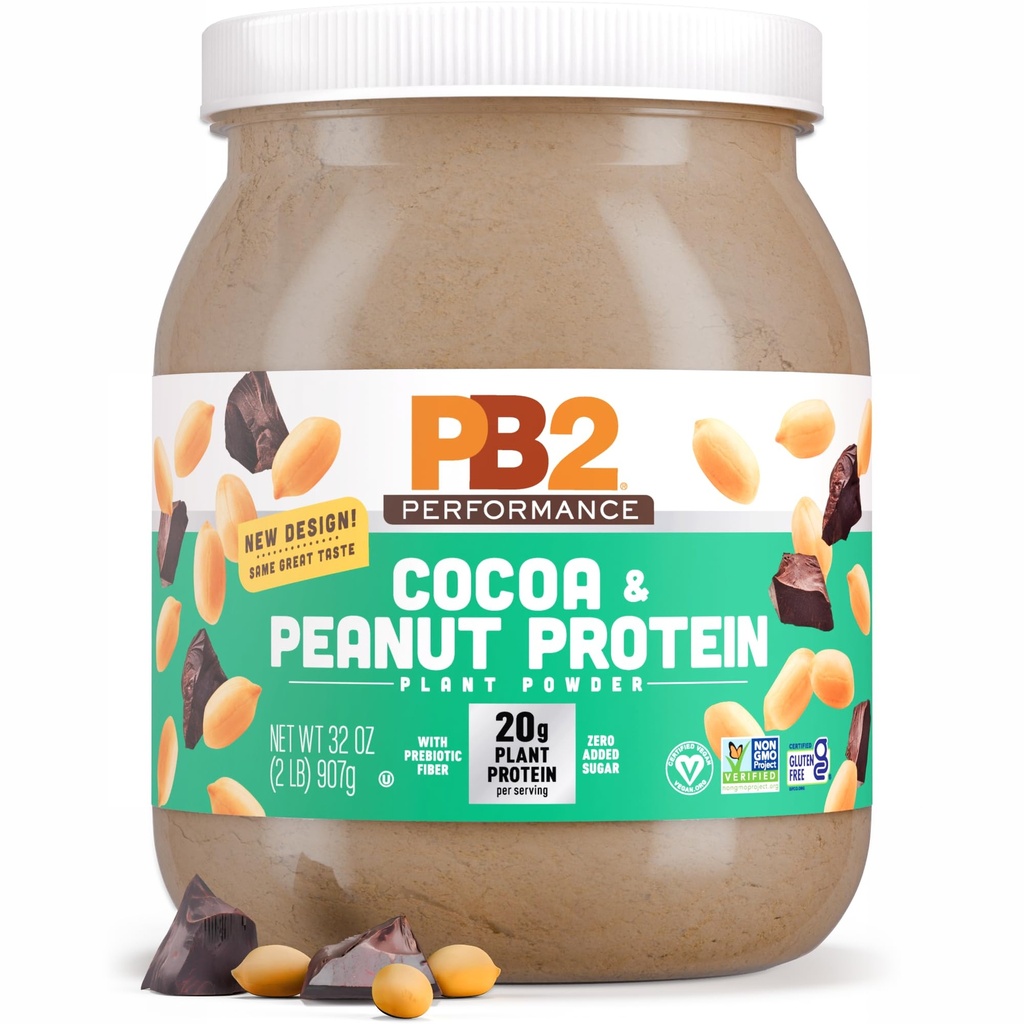 PB2 Performance Peanut Plant Based Vegan Protein Powder | 20g Complete Protein, No Added Sugar, Prebiotic Fiber | Dairy Free, Certified Vegan, Non-GMO, and Gluten Free [Peanut with Dutch Cocoa, 2lb]
