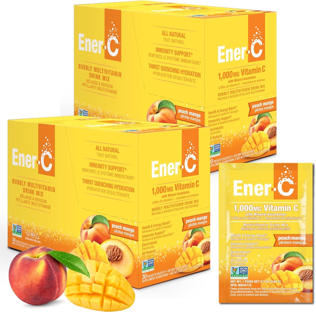 Ener-C Multivitamin Drink Mix - Pacotes de Vitaminas para Água, Eletrólitos Powder Packets, Vitamina Drink Mix, Hydration Liquid Mix, Imune Booster para Adultos, Healthy Energy - Peach Mango, 60 Count