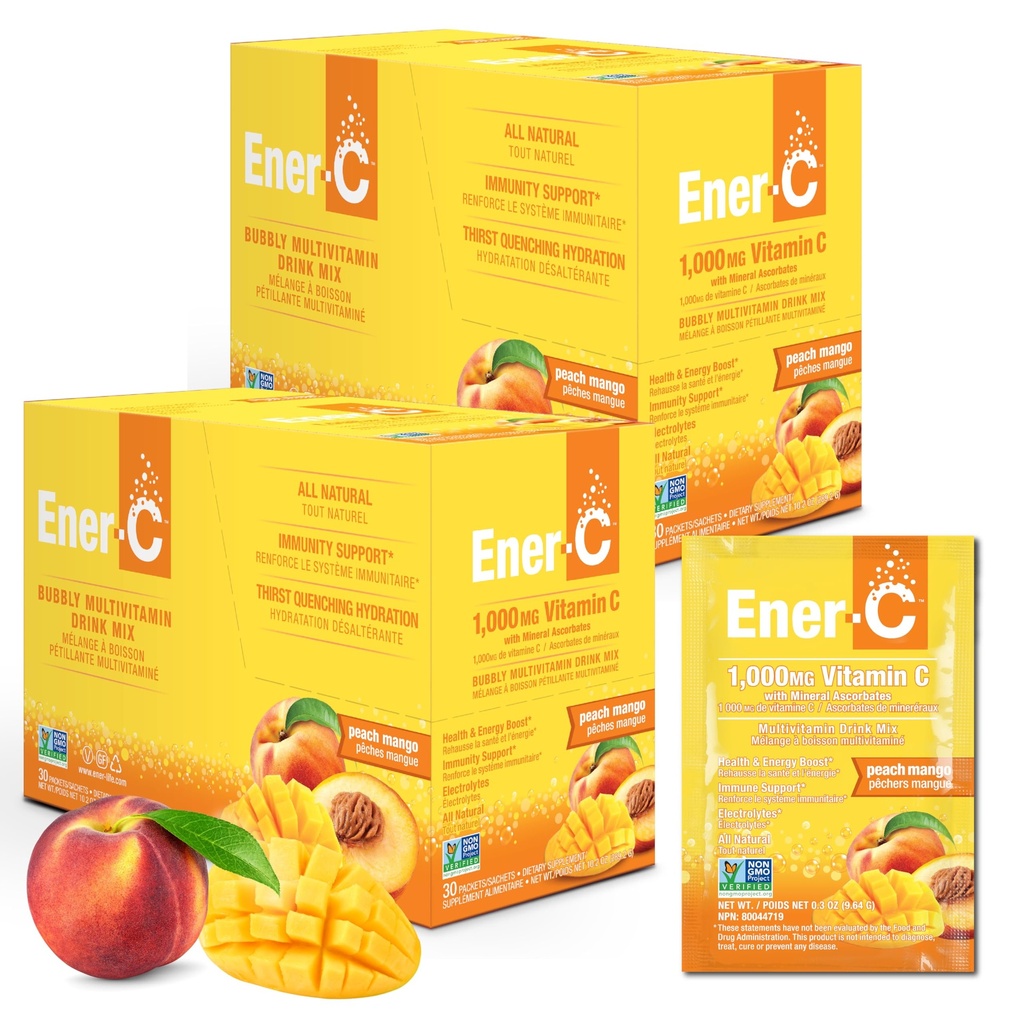 Ener-C Multivitamin Drink Mix - Vitamin Packets for Water, Electrolytes Powder Packets, Vitamin Drink Mix, Hydration Liquid Mix, Immune Booster for Adults, Healthy Energy - Peach Mango, 60 Count