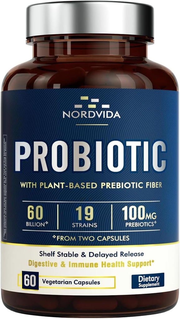 Probiótico 60 Billion 19 Strains con Prebiótico orgánico para homes e mulleres, Digestive & Immune Health, Shelf Stable Delayed Release, Non-GMO No Dairy, 60 cápsulas Vegan