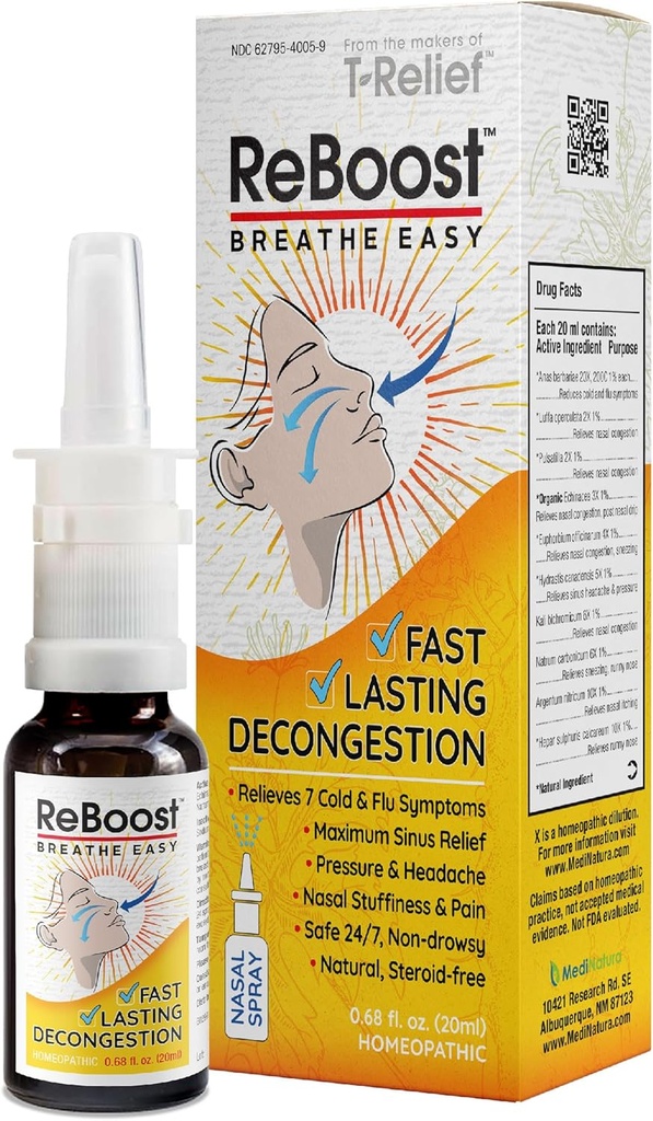 ReBoost Breatheatheal Nasal Spray-Acting Cold & Flu Symptom Relief Natural Homeopatic Ingregents Help Calm Contrable, Headache & Sinus Tekanan - 0.68 oz