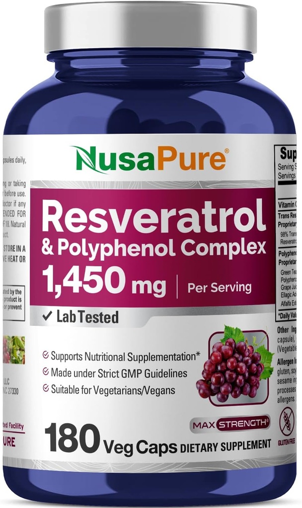 NusaPure Resveratrol & Polyphenol Complex 1450mg 180 Caps Vegetarian (Non-GMO, Vegan) Vitamina C