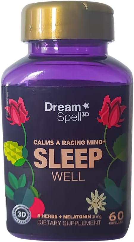 Dream Spell 3D Natural-Based Sleep Aid - Acalma uma mente alerta, No Next-Day Grogginness- Fórmula inovadora sem drogas com 3Mg Melatonina, GABA, lúpulo - Noites descansadas, manhãs frescas - 60 Cápsulas