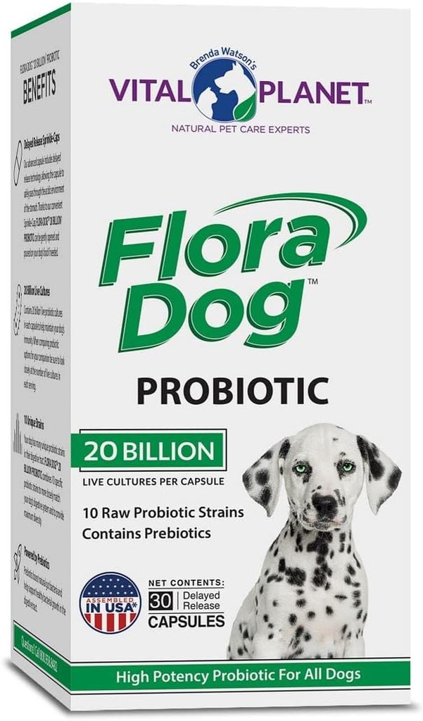 Vital Planet - Flora Dog Probiotic 캡슐 보충 20 억 문화와 10 멸균, 높은 Potency Immune 및 Digestive Support Probiotics for Dogs, 30 지연 릴리스 캡슐