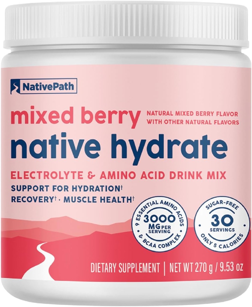 NativePath Native Hydrate, Zero Sugar, Electrolytes pulver med BCAA, Blandet Berry Hydration, Keto & Paleo Vennlig, 30 Services