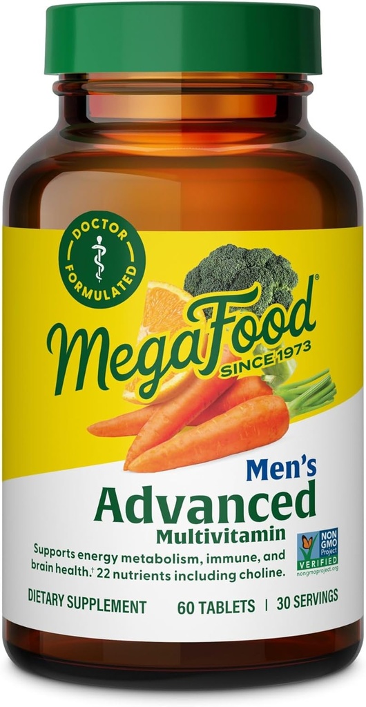 MegaFood Vīriešu Advanced Multivitamīnu vīriešiem - ārsts - Formulēts - Holīns, vitamīns B12, vitamīns D, vitamīns C un cinks - smadzeņu veselība un imūnās atbalsts - Non-GMO - Veģetārietis - 60 Tabs (30 Servē)
