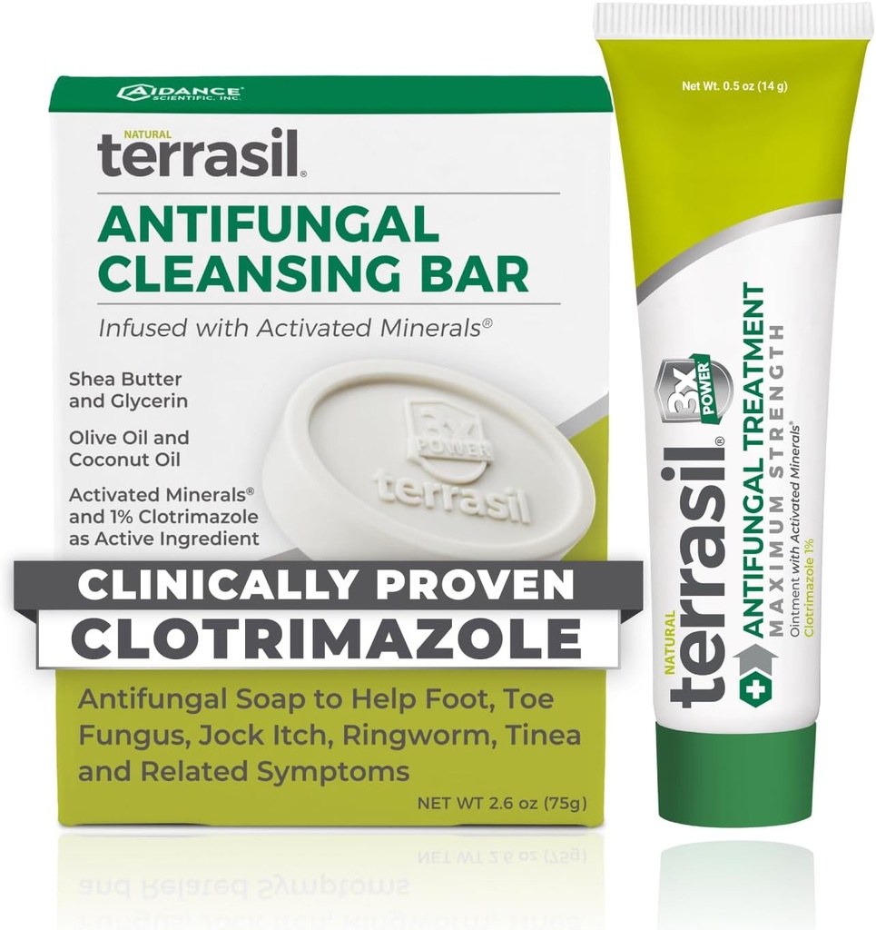 Terasil antiatfunagal การบําบัด (2-Product Kit 14g Tube + 75g Soap bar) แอนติบอดีกัล ครีมกับ Cloatrimasole and Intergrieds, การบรรเทาสําหรับหนอนแหวน, Jock Itch, Atletes foot, Funigal Yest Infect