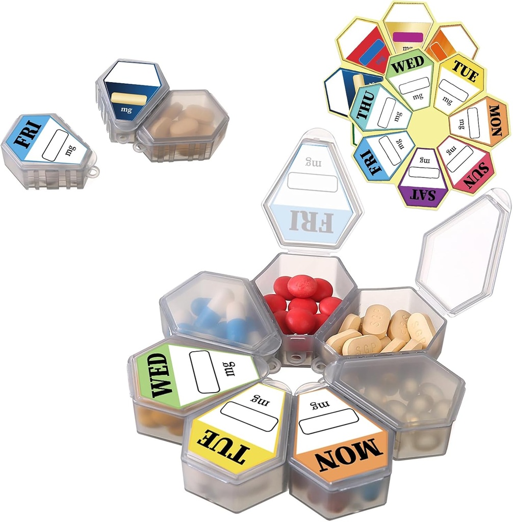 7-in-1 Travel Pill Organizer Set - Böyük Təhlükəlik Pill Box daxil olmaq və ya ayrı istifadə etmək - 7 Kiçik Pill Box komponentləri (1 14 Etiket Etiket Etiketi tərəfindən)