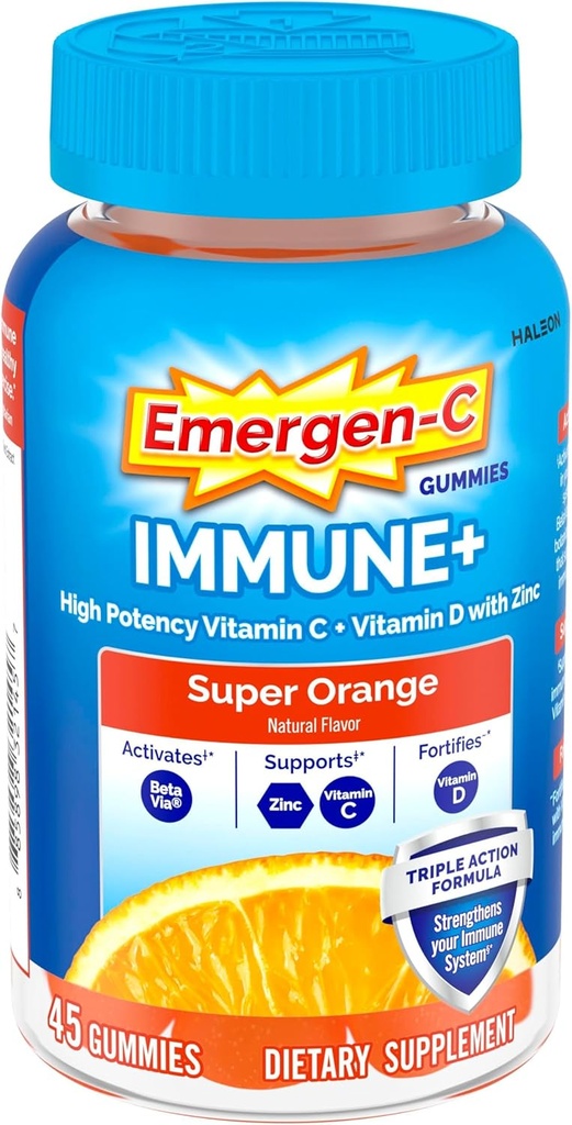 Emergen- C Imunitní + Triple Action Imunitate Support Gummies, BetaVia (R), 1000mg vitaminu C, B Vitamíny, Vitamin D a antioxidanty, Super Orange, Zpět do školy Essentials - 45 Počet