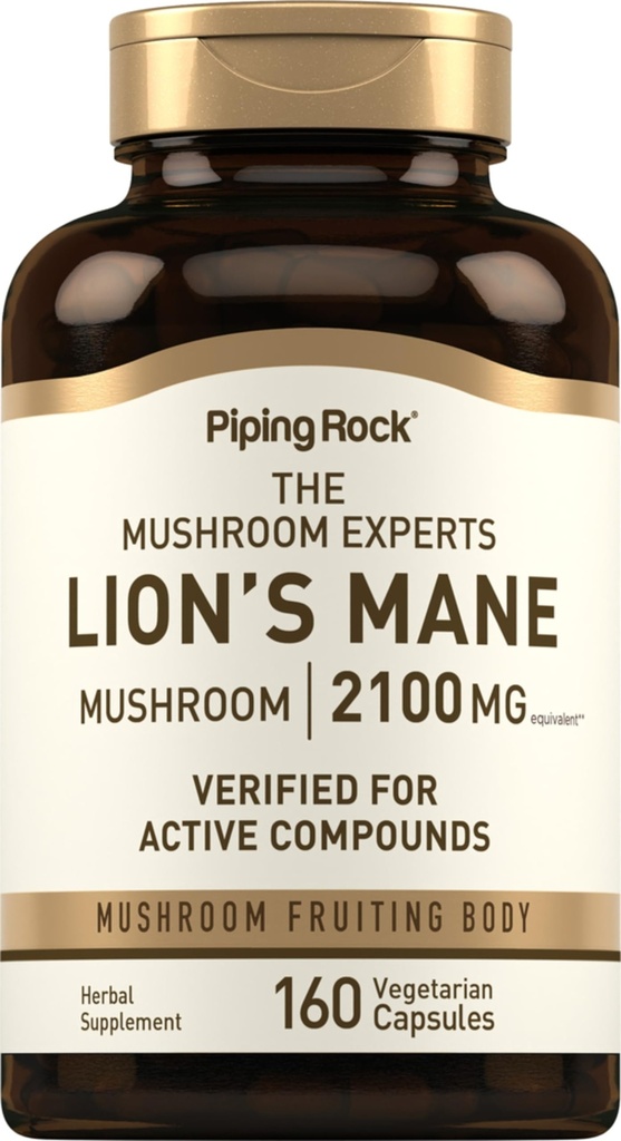 Piping Rock Lions Mane Mushroom Supplement Capsules | 160 Pills | Extract for Women and Men | Vegetarian, Non GMO & Gluten Free