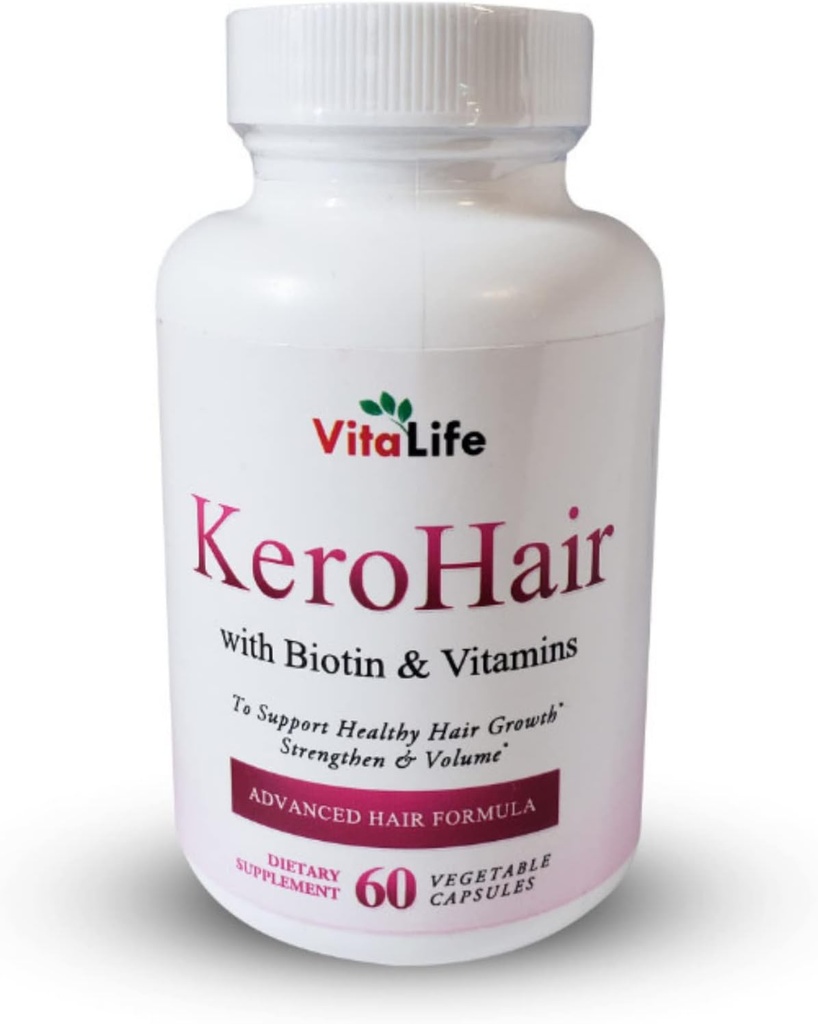 KeroHair Integratore completo con Vitamine e Biotina I 60 Capsule per una crescita forte e sana dei capelli - Previene la perdita dei capelli | Approvato* Arricchito con Biotina Extra e Vitamina B