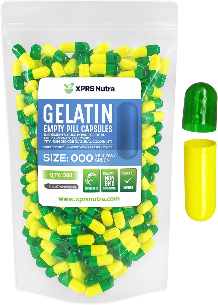 XPRS Nutra Tamanho 000 Cápsulas Vazias - 500 Count Cápsulas Gelatina Vazias - Preenchimento da cápsula do suplemento DIY - Comprimidos de gel de cor recheáveis (verde/amarelo)
