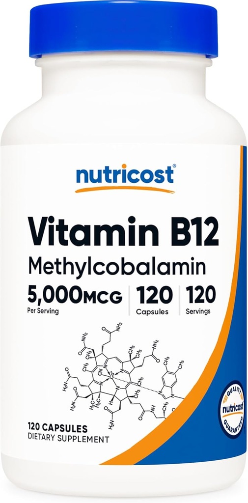 B12 bitamina (Methylcobalamin) 5000mcg, 120 kapsulak - Vegetarian Caps, Ez-GMO, Gluten Free B12 gehigarria
