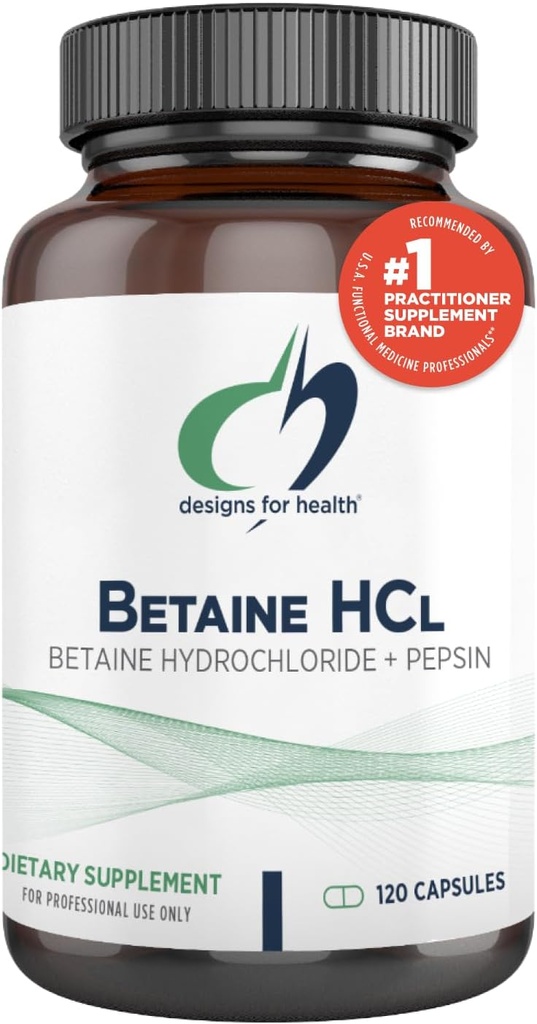 Deseños para Betaína HCl con Pepsin - 750mg Betaine Hydrochloride + Protein Digestive Enzyme - Non-GMO Suplemento para o soporte da función dixestiva (120 cápsulas)