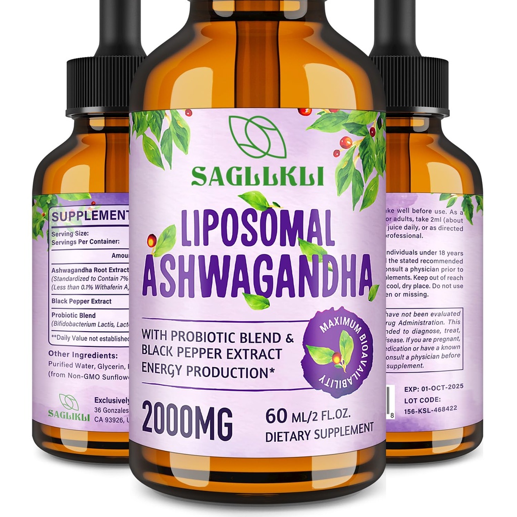 Liposomal Ashwagandha Liquid Drops 2000mg, Ashwagandha Root Extract Supplement (7% Withanolides) with Black Pepper Extract & Probiotics for Focus, Cognition & Energy - 2 FL.OZ (1 Bottle)