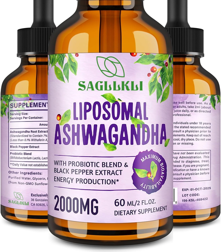 Liposomal Ashwagandha Liquid Drops 2000mg, Ashwagandha Root Extract Supplement (7% Withanolides) with Black Pepper Extract & Probiotics for Focus, Cognition & Energy - 2 FL.OZ (1 Bottle)