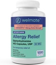 Relief Allergy WelMATE - Diphenhydramine 50 mg - 1000 Count Capsules - Antihistamin - Allergy & Cold Sympitics - Sneezing, Runny Nose, Itchy Eyes & Throat