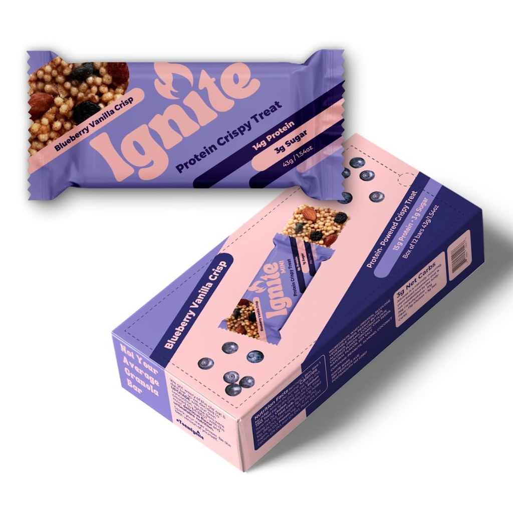Ignite Bars Crispy Keto Rice Treat - High Protein, Low Sugar och Low Carb Snack - Guilt Free Food och Fiber Friendly Bars for Healthy Adults (Blueberry Vanilla Almond)