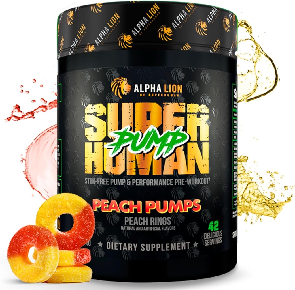 ALPHA LION Superhuman Pump Pre Workout Powder, Nootropic Caffeine & Stim Free Preworkout Supplement, Nitric Oxide Booster, Muscle Gainer, Energy & Focus (42 Portionen, Peach Pumps Flavor)