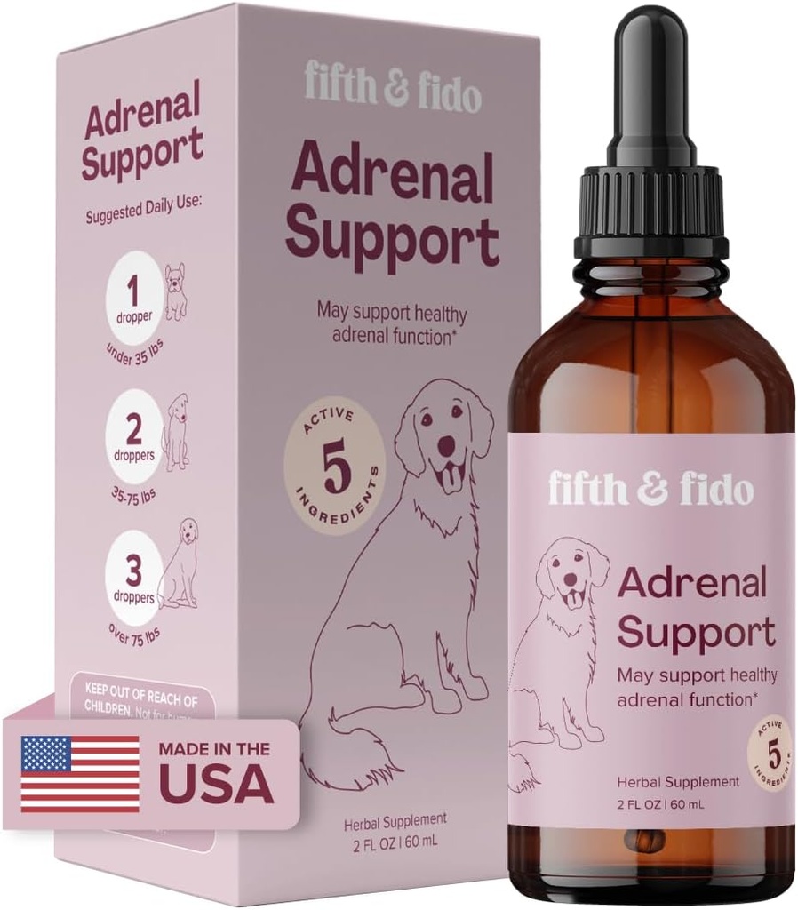 Femte & Fido Adrenal Support Liquid Drops til hunde - Urtetilskud med 5 aktive ingredienser - Kan hjælpe med at fremme sund adrenal funktion - 4 fl oz