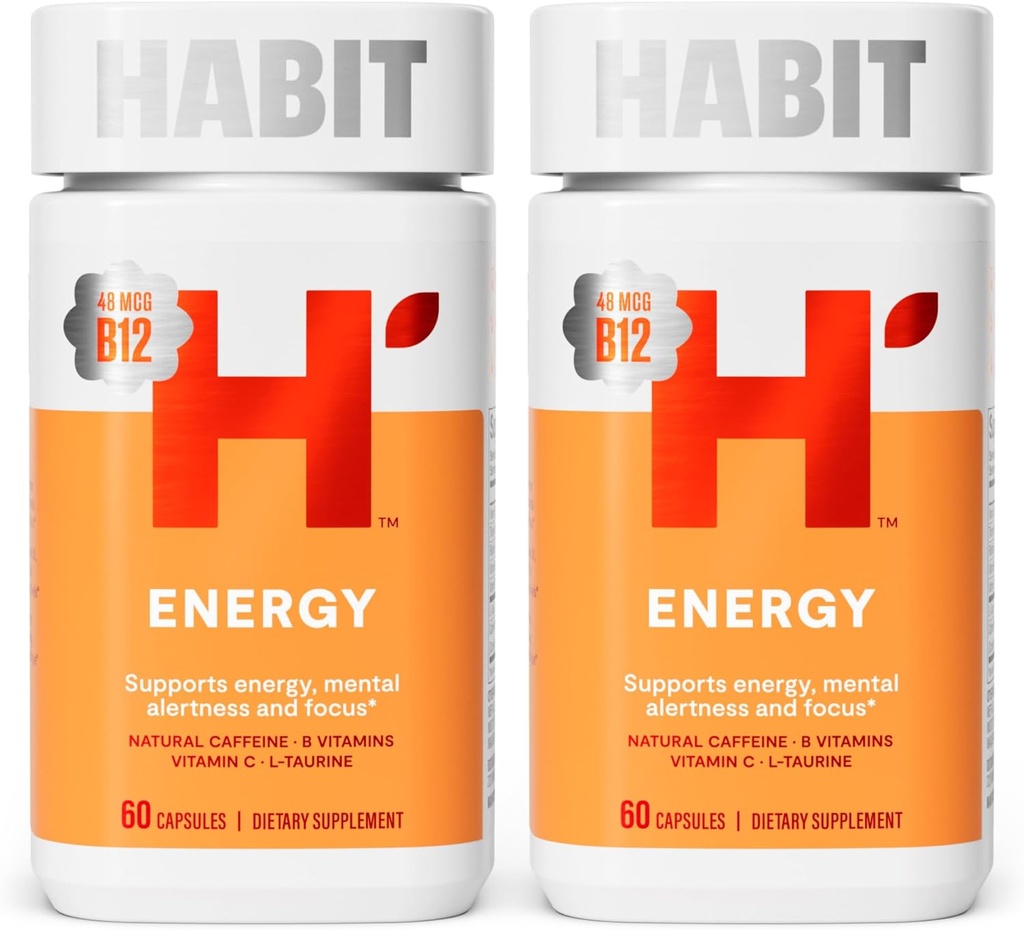 Habit Energy Supplement 2 Pack (120 cápsulas) - Novo olhar, Suporta energia, Alerta mental e foco, Cafeína natural, Vitaminas B & C, Extrato de chá verde, Vegan, Não-GMO