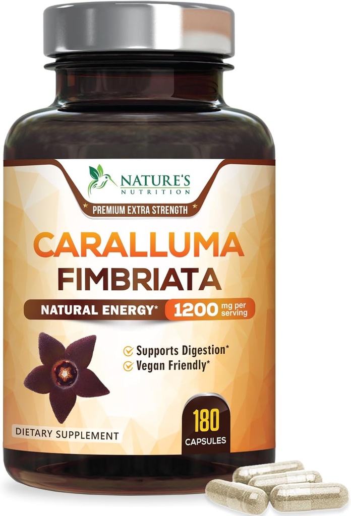 纯 Caralluma Fimbriata 提取高度集中的1,200mg - 天然 Caralluma Fimbriata Capsules 耐力支持,最佳 Vegan 男女补充,Non-GMO - 180 Capsules