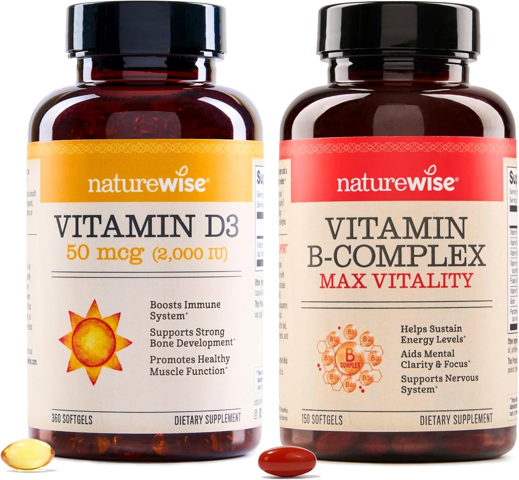 NatureWise Vitamina D3 2000iu 360 Conte si vitamina B Complex 150 Softgels - functie musculara sanatoasa, suport imunitar, energie celulara, Claritate mentala