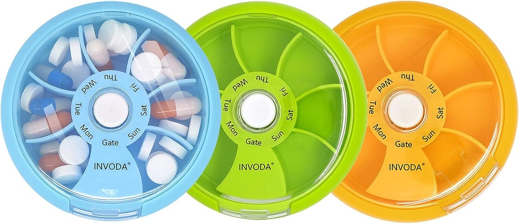 INVODA Weekly Pill 주최자 7 Compartment Rotating Pill Box for Daily Medication & Vitamins - 휴대용 여행 Pill Case Fish Oil Supplements 비타민 주최자 (Green+Sky Blue+Orange)