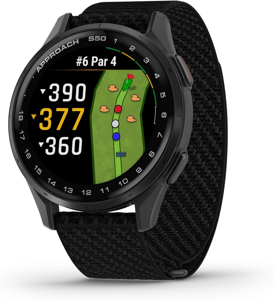 Garmin Approach® S50, Advanced Golf GPS Smartwatch, AMOLED-näyttö, On-Course Ominaisuudet, Ranne-Based Heart Rate, Slate alumiini kehys musta ComfortFit Nylon Band