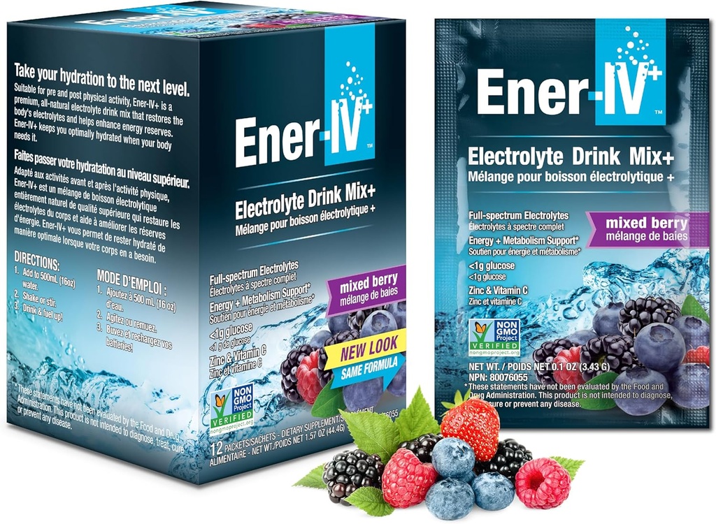 Ener-IV-Iclyte Hydration & Ecity Uống nước ngọt Potassium C & Ziccclytes Powder Packets - Recovery & Immunity Thể thao cho phụ nữ và Men Low Sugar Vegan, berry - 12 Count