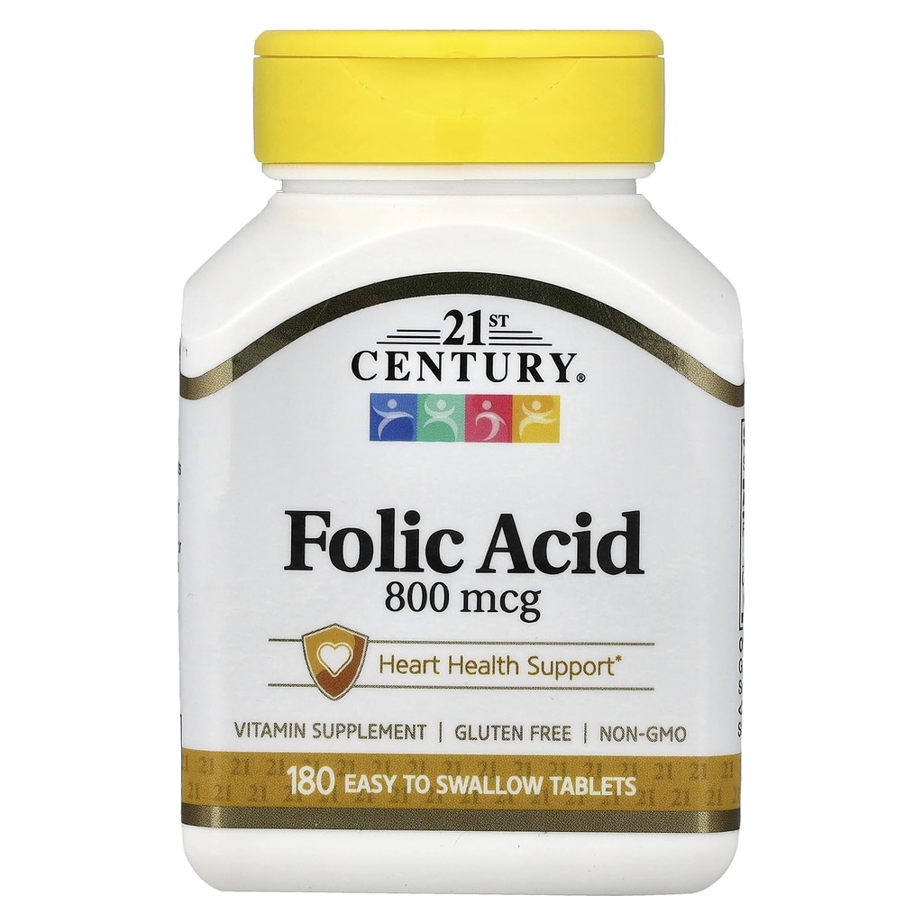 21st Century 800 mcg Folic Acid Tablets, Assorted, 180 Count