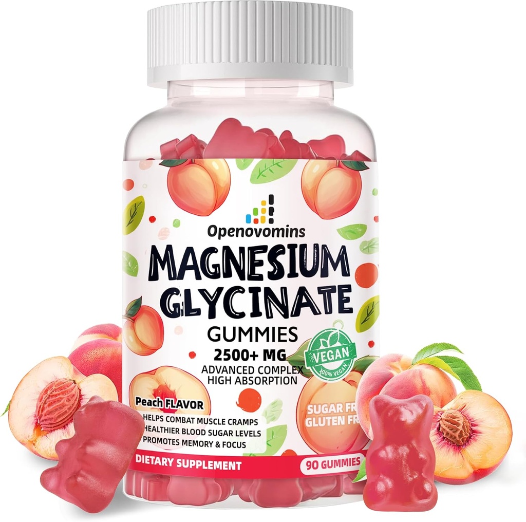 Magneziu Glycinate Gumries 2500mg - Zahăr gratuit de magneziu Potasiu Supliment cu vitamina D, B6, CoQ10 pentru calm Mood & Sleep Support - 90 Gume de piersici