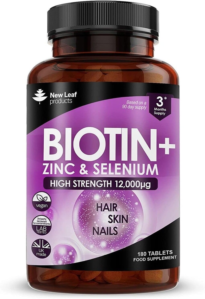 Biotina Crecemento de cabelo Vitaminas 12000mcg Alta Forza con aceite de coco - promove pel e unhas saudables - Vitaminas de biotina para mulleres e homes Vegan, Suplementos gratuítos de glute - feito no Reino Unido por Nova Leaf