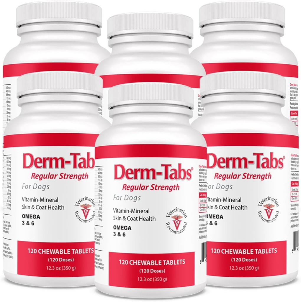 Derm Tabs txakurren indar erregularra -Olio naturala, bitaminak, mineralak eta antioxidatzaileak - Azala osasuntsu mantentzen du eta estalkia murrizten du - 720 Chewable Tablets