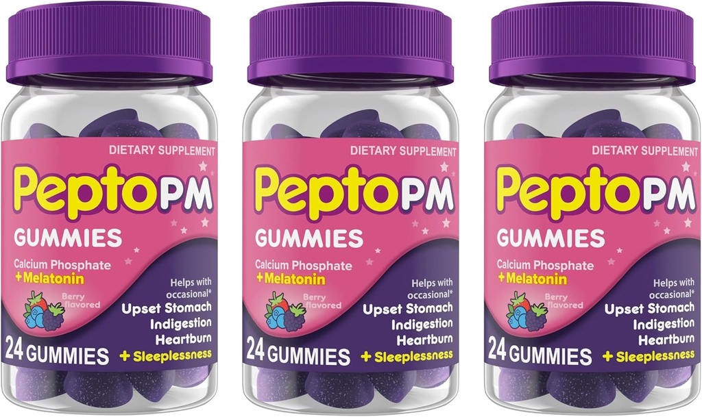 Pepto PM Gummies with Melatonin for Sleep Support, Fast and Effective Digestive Relief from Heartburn, Indigestion, Upset Stomach and Sleeplessness - Berry Flavor, 24 Ct (Pack of 3)