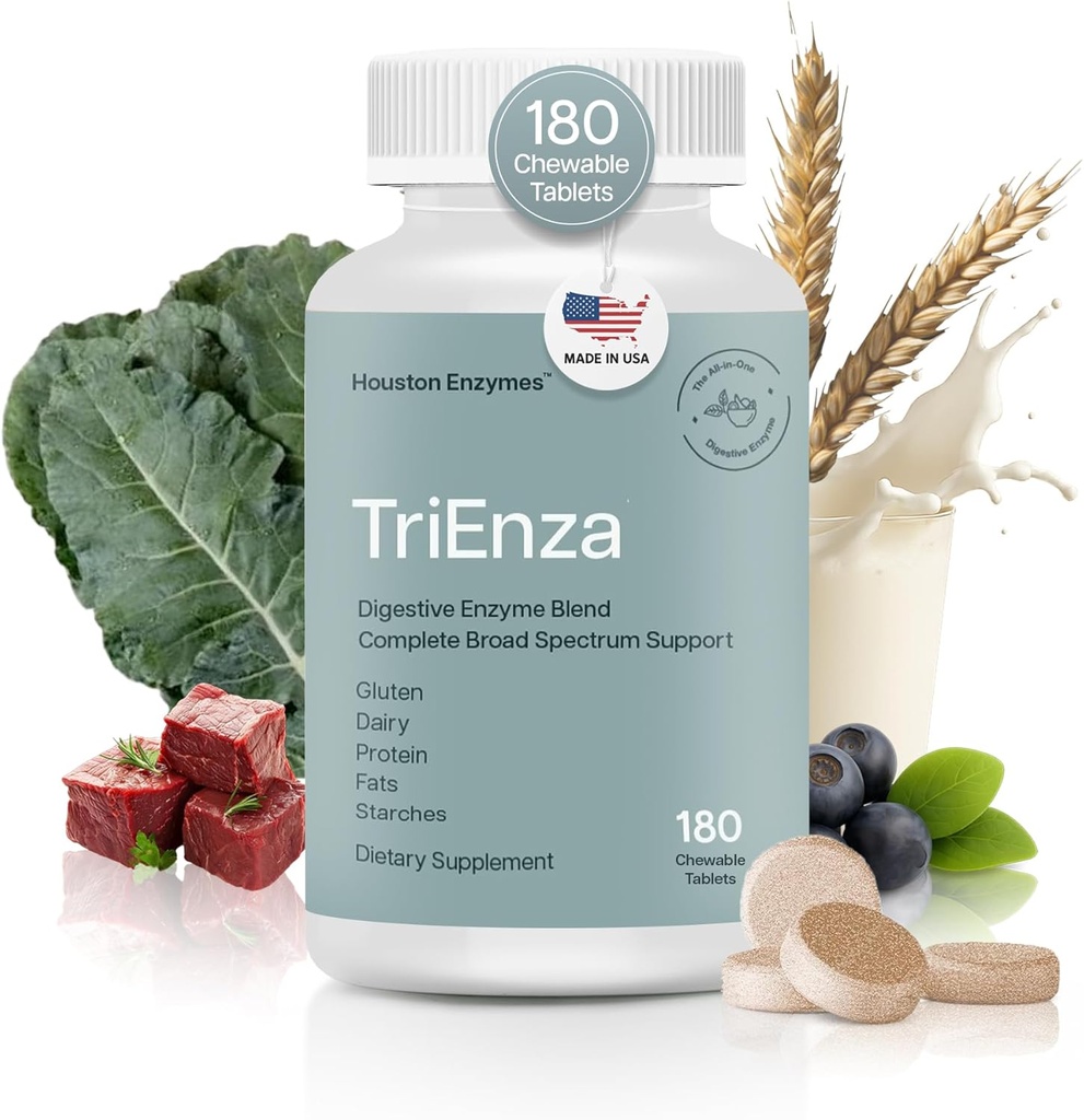 Houston Enzymes TriEnza - Digestief Enzyme Supplement voor Gluten, Caseïne, Soja, Eiwitten, Koolhydraten, Vet & Polyfenolen - Digestieve Enzymen voor Vrouwen & Mannen (180 Kauwtabletten)