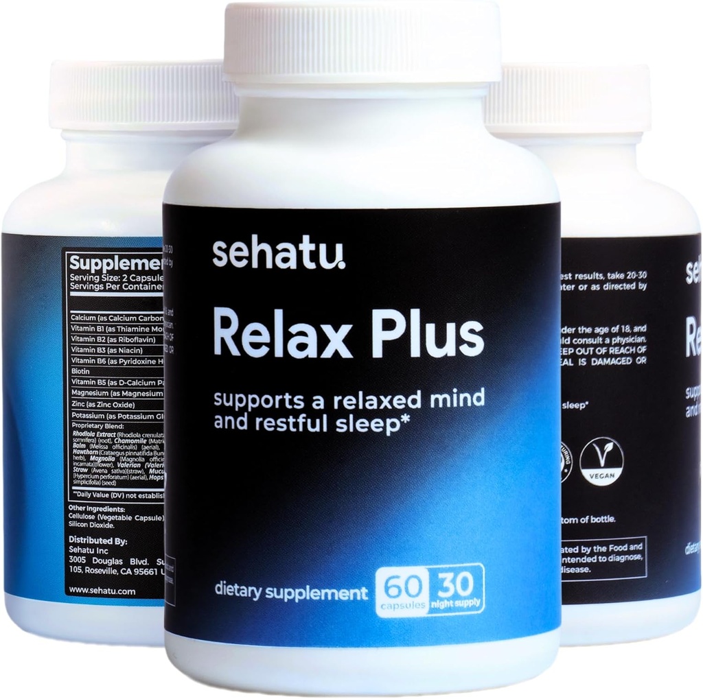Relax Plus Stress Relief Supplement | med GABA, L-Theanine, Ashwagandha, Valerian Root | Stöder en avslappnad humör och Restful Sleep | 60 Count | 30 Day Supply