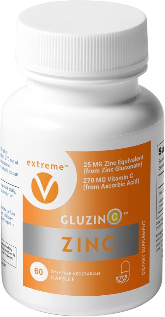 GluzinC Zinc & Vitamina C Suplemento | 25 mg Zinc Gluconato + 270 mg ácido ascórbico | Nutrientes inmunes diarios | 60 cápsulas Veg