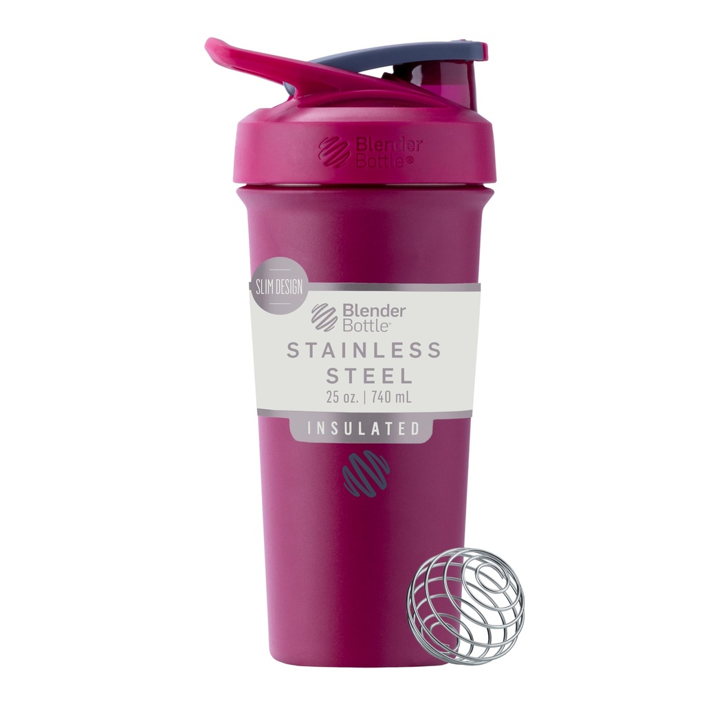 BlenderBottle Sport Sleek Insulated Stainless Steel Shaker Bottle with Wire Whisk, Protein Shakes & Hydration for Athletes & Fitness Enthusiasts, Easy Mixing, Lockable Lid, 25-Ounce, Raspberry