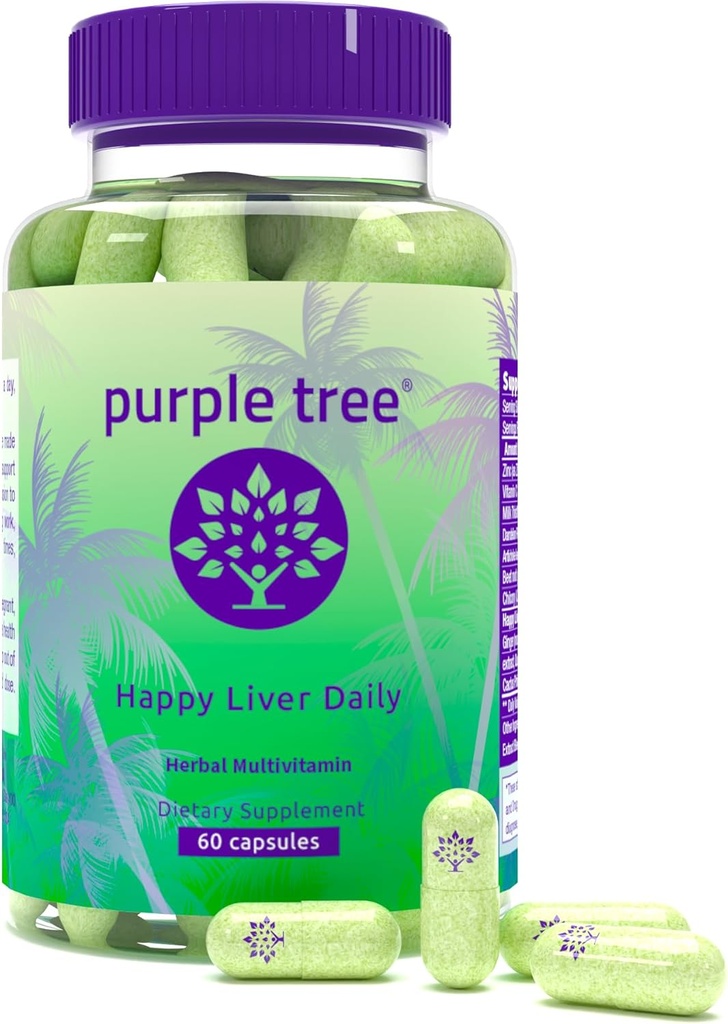 purpurträd Happy Liver Daily | Liver Support & Cleanse med mjölk Thistle 80% Silymarin, Dandelion Root, Artichoke Leaf, Vine Tea DHM, Vitamins & More - 60 Liver Detox Veggie Pills